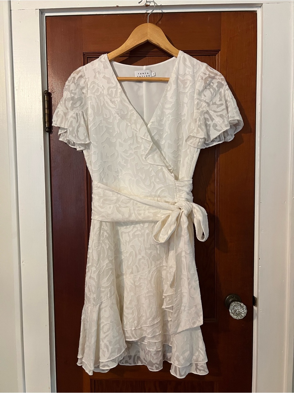 Tanya Taylor Ivory Wrap Dress Size 0 NWOT Ruffle Sleeve Bridal Cocktail Dress - Picture 5 of 14